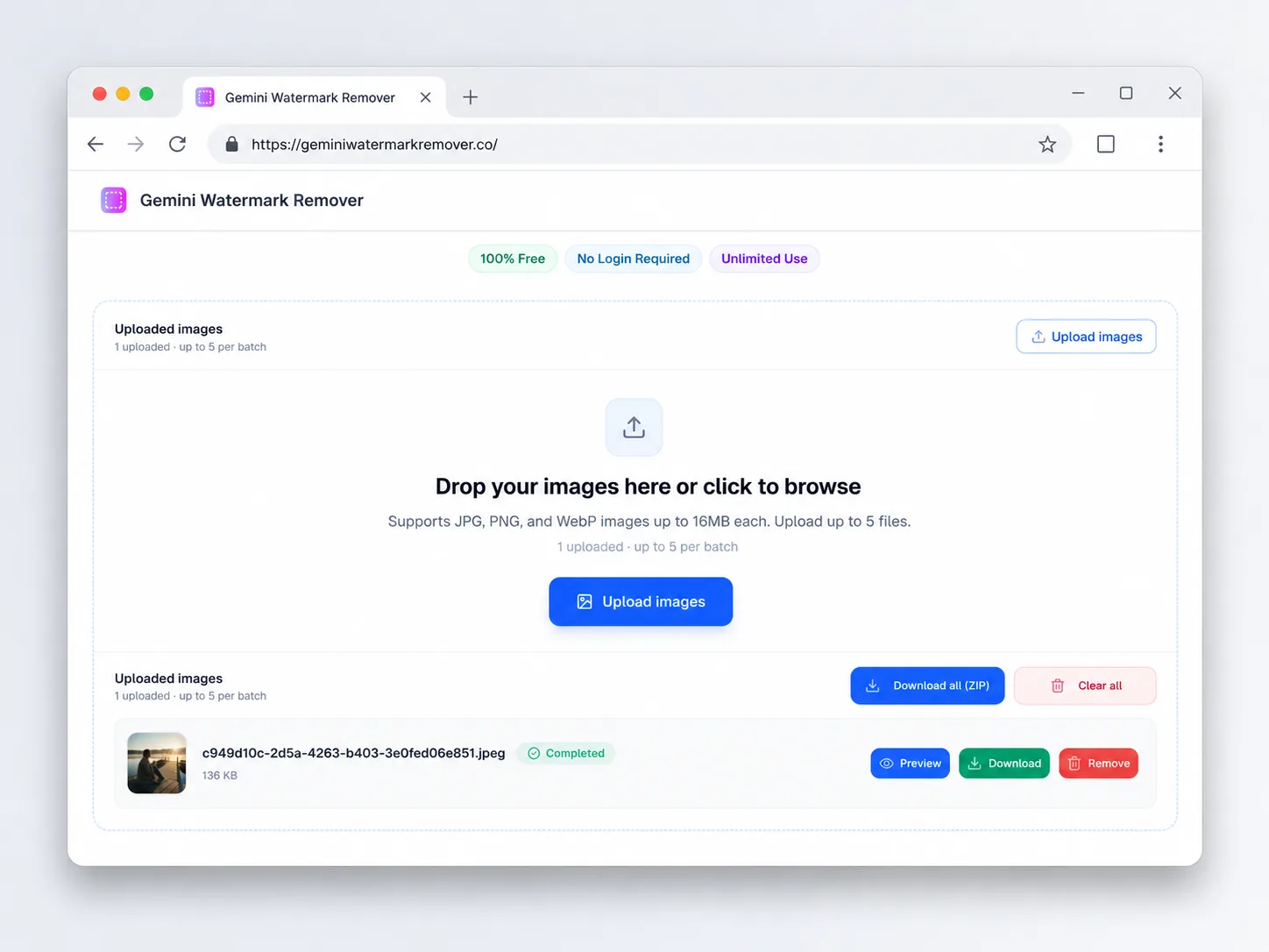 Overview of the Gemini watermark remover workflow in a browser